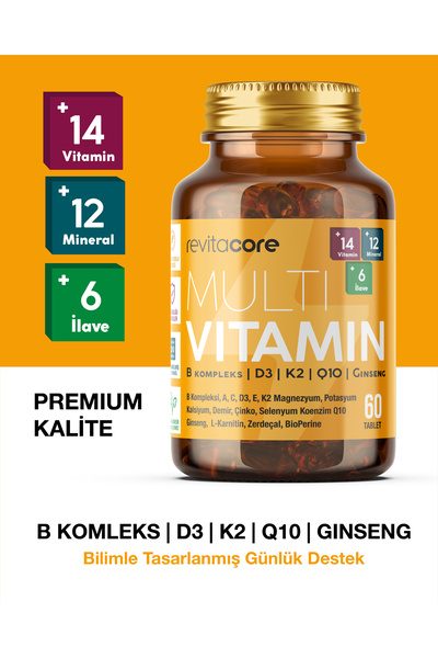RevitaCore Multivitamin 60 Tablet B Kompleks D3 K2 Q10 Ginseng İçeren Takviye...