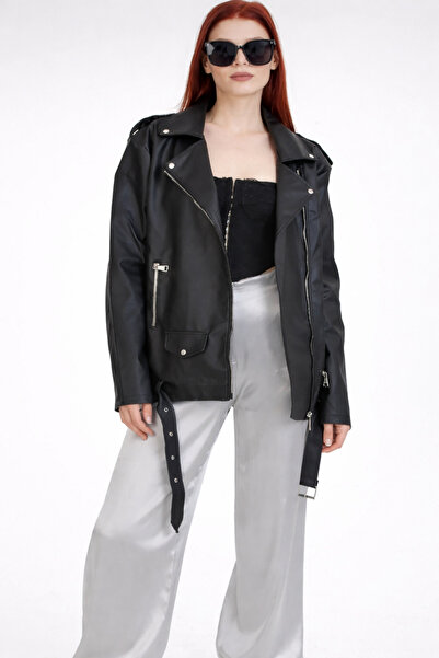 İLKCET MODA Dugačka crna ženska jakna od umetne kože veće veličine