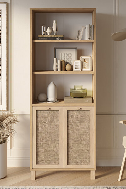 Yurudesign Dune Kitaplık Raf Ahşap Ayaklı 180cm Ahşap Jüt Kapaklı Sepet-Jüt D...