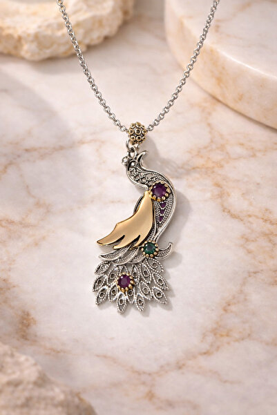 ErdoğanSilver 925 Ayar Gümüş Oksitli Telkari Tavus Kuşu Modeli Doğal Taşlı Ko...