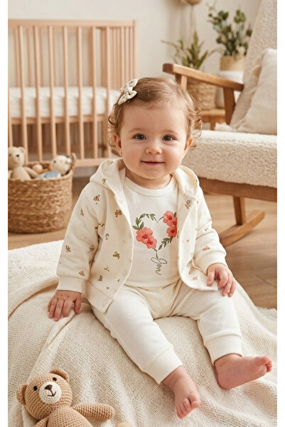 Nayinom Kids Penye Kapşonlu Ceket Çıtçıtlı Badi Pantolon Çiçekli 3 lü Takım 🌹