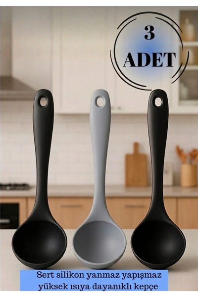 BRE HOME 3'lü Silikon Kepçe Seti – Yanmaz Yapışmaz, Yüksek Isıya Dayanıklı, E...