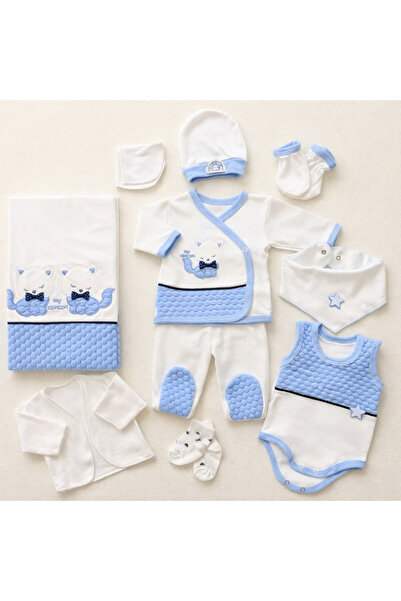 CONCON Blue Kitten Patterned 10-Piece Newborn Hospital Discharge Baby Set