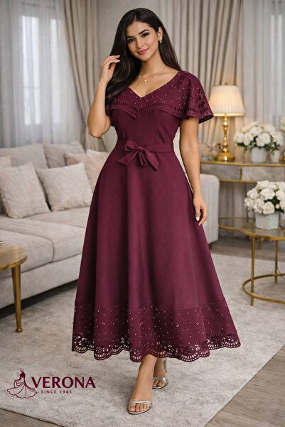 Verona فستان ميدي أنيق بقصة خصر محدد وتفاصيل ليزر لامعة – إطلالة راقية لكل من...