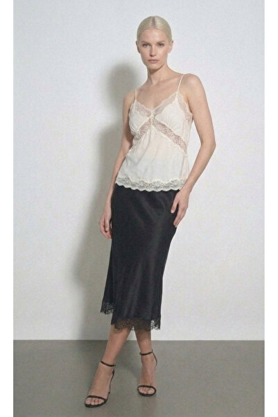 Nostos Algos Black Lace Detailed Satin Maxi Length Premium Elastic Skirt