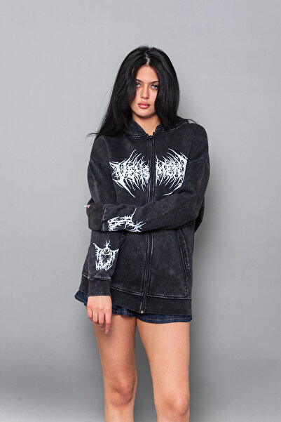 Sokak Butik Vehement Baskılı Fermuarlı Zip Kapüşonlu Unisex Yıkamalı Siyah Sw...