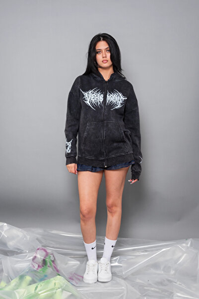 Sokak Butik Vehement Baskılı Fermuarlı Zip Kapüşonlu Unisex Yıkamalı Siyah Sweatshirt