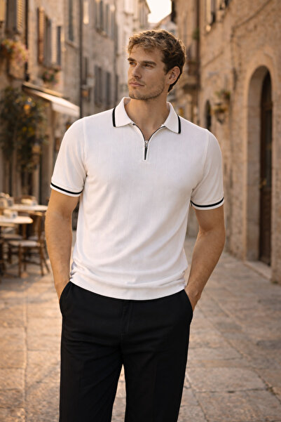 Valiberta Мъжка тениска с половин цип и ивици Jared Collar - бяла