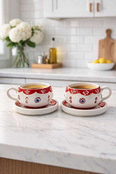 evinbizden Kırmızı Nazar Desenli Tabaklı Kupa/Fincan Set 2 Kişilik 4 Parça
