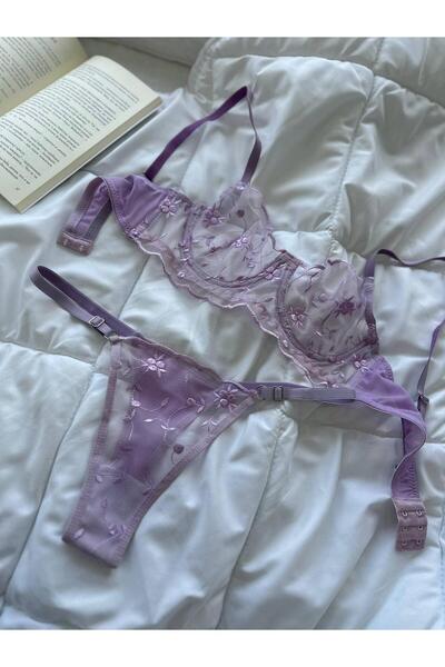 Lilac Flower Embroidered Tulle Underwire Bra Thong Set & Bralet Bra Thong Underwear Set