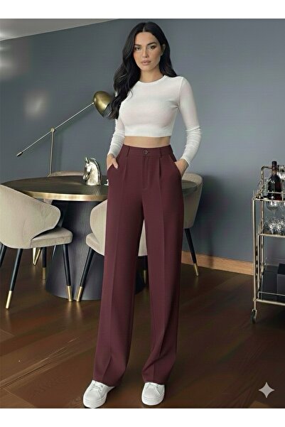 ECEYLÜL MODA بنطلون بالازو من قماش السكوبا الكريب باللون العنابي مع طيات أمامية