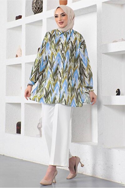 TRENDTESETTÜR KADIN MAVİ (TURKUAZ) DESENLİ YANI YIRTMAÇLI GÖMLEK TUNİK T 7888