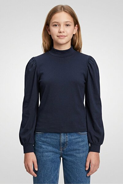 Tchibo بلوزة سادة بأكمام طويلة وياقة عالية للفتيات الصغيرات، أزرق داكن
