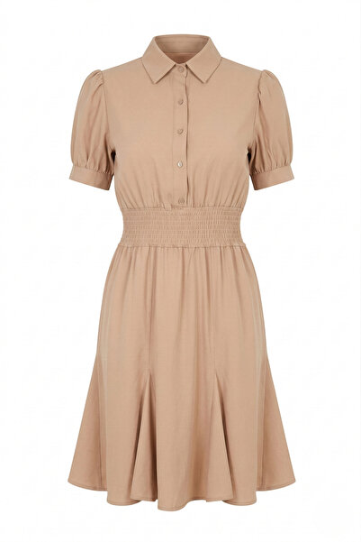 Sortie Women's Waist Pleated Balloon Sleeve Shirt Dress Beige