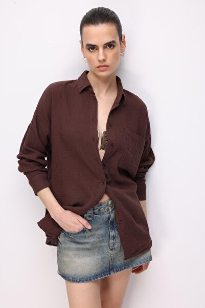 Mixray قميص نسائي من الموسلين مقاس كبير موديل 3833 - جيب، لون بني