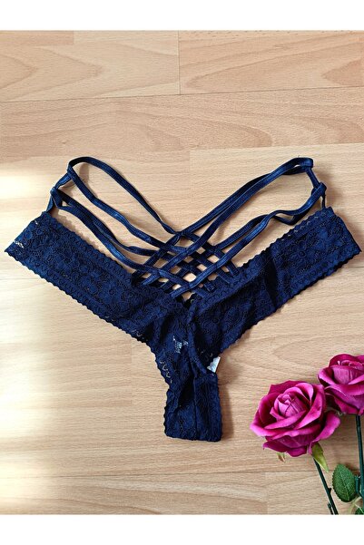 Papatya Venüs Çapraz Bantlı Dantelli Kadın İç Giyim String Tanga ( LACİVERT )