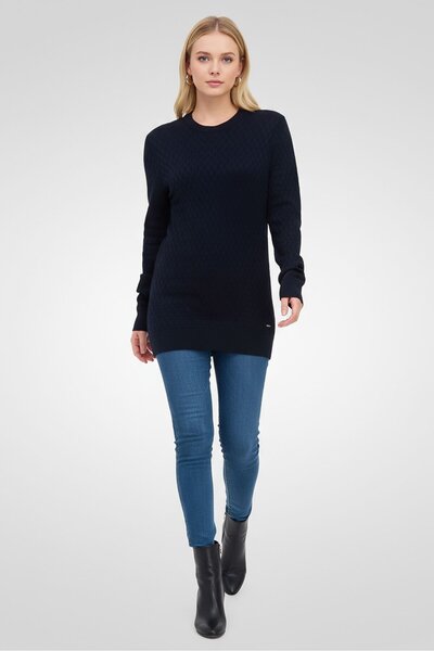BOSS Women Crew Neck Knitted Long Sleeves Sweater, Navy Blue