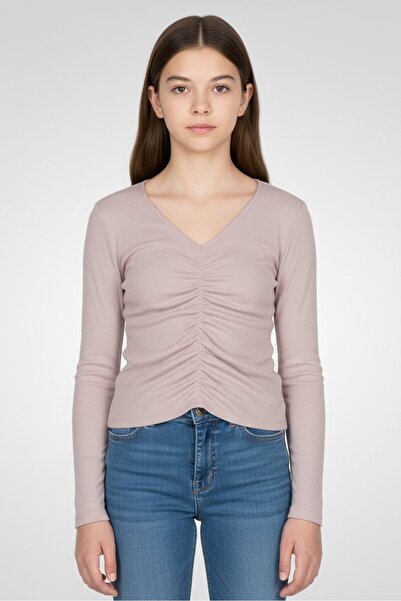 Poof Girl Kids Girl Double V-Neck Rouched Top, Lavender