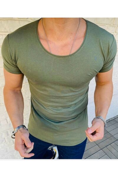 Men's Oval Neck T-Shirt Open Neck Slim Fit T-shirt Light Green