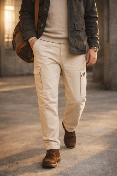 Souris Ανδρικό παντελόνι Cargo σε μπεζ χρώμα, άνετο κομμένο βαμβακερό ελαστικ...