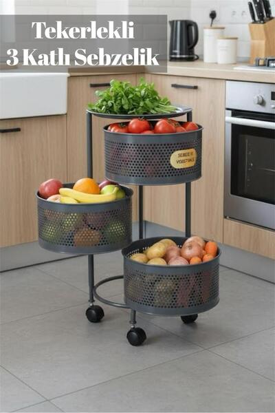 Bayev 3 Katlı Yana Açılır Antrasit Tekerlekli Patates Soğan Sepeti Sebze Meyv...