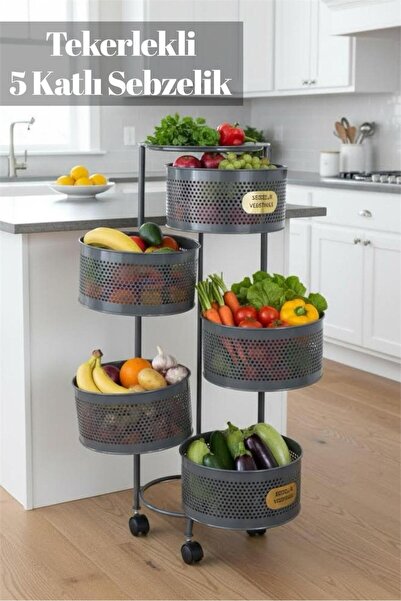 Bayev 5 Katlı Antrasit Yana Açılır Tekerlekli Patates Soğan Sepeti Sebze Meyv...