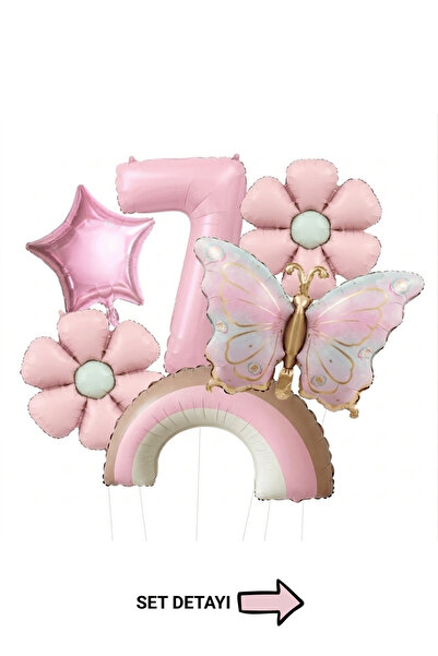 Bunloon 7 Yaş Retro Pembe Papatya Gökkuşağı Kelebek Temalı Balon Set