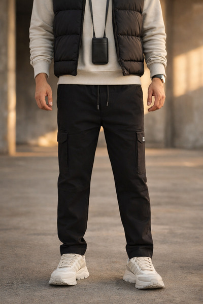 Souris Ανδρικό μαύρο παντελόνι Cargo Άνετο κομμένο βαμβακερό ελαστικό στη μέση