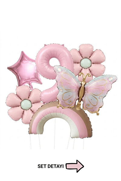 Bunloon 9 Yaş Retro Pembe Papatya Gökkuşağı Kelebek Temalı Balon Set Parti Sü...