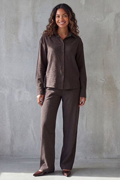 Madmext Costum cămașă Tensel pentru femei Bitter Brown cu dungi MG2695