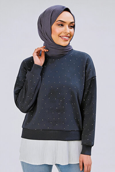 modam miss Tesettür antrasit etek ucu pileli taşlı sweatshirt tesettür tunik
