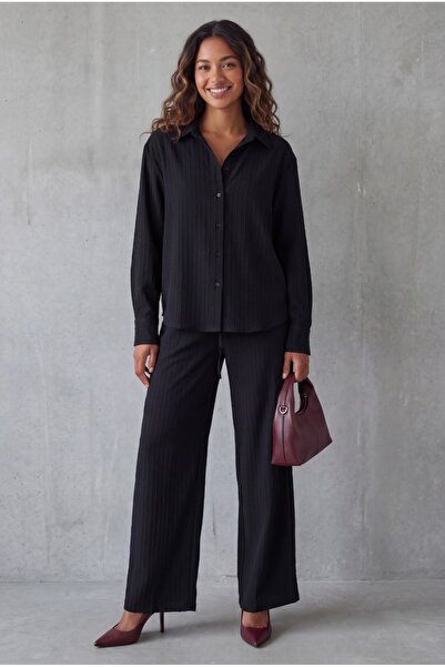 Madmext Μαύρο Ριγέ Γυναικείο Σετ Πουκάμισο Tensel MG2695