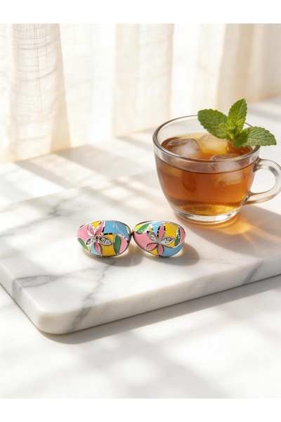 ZEY 925 Ayar Gümüş Takı-Mine İşlemeli Çiçek Desenli Hediyelik Kadın Küpe