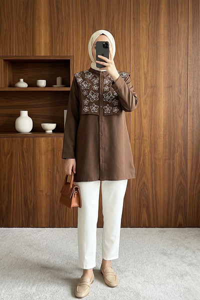 MODAQU Floral Embroidery Detailed Buttoned Tunic - Brown