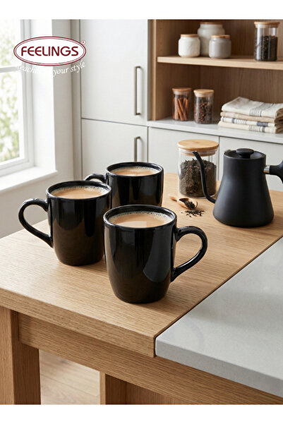 Feelings Stoneware Mug Set of 4 - Black, 360ml | Ceramic Coffee Mug Set for T...