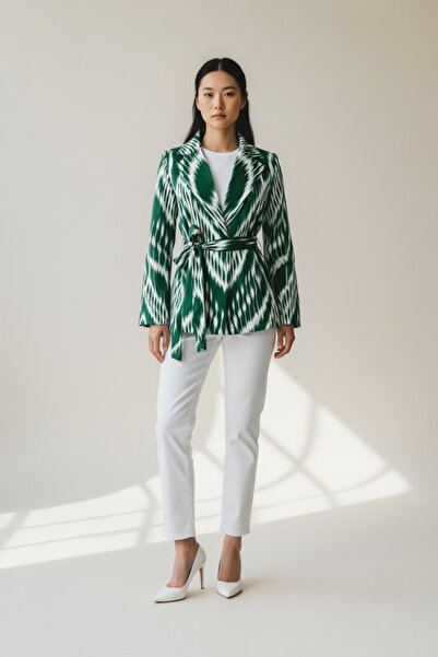 HN Loom Verde İkat Kuşaklı Düğmeli Kadın Ceket - El Dokuma %100 Pamuk