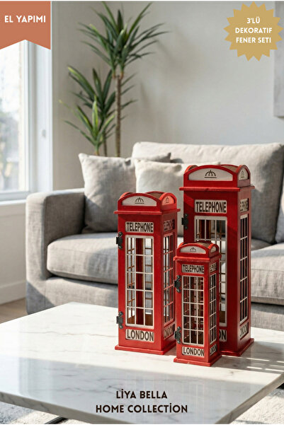 Liya Bella Dekoratif London Telefon Kulübesi Fener Mumluk – 3’lü Set