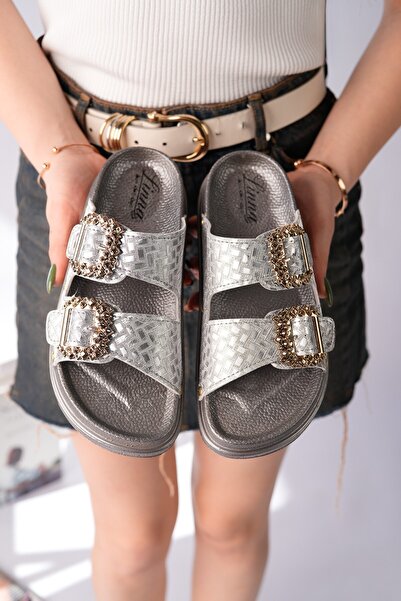 MUGGO GLİTZA Papuci de damă casual cu cataramă dublă, cu textură strălucitoare