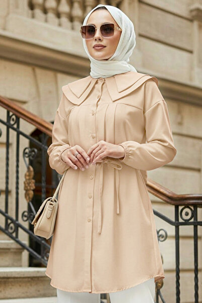 N.S NEVA STYLE Buttoned Beige Hijab Tunic 20228Bej