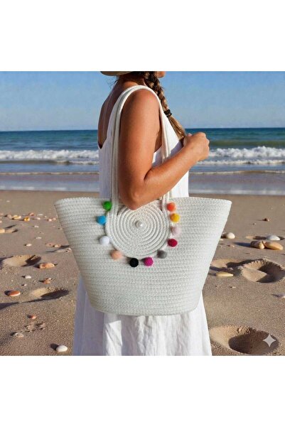 bayram taşcıoğlu home desing Daily Vacation Beach Straw Pompom Bag