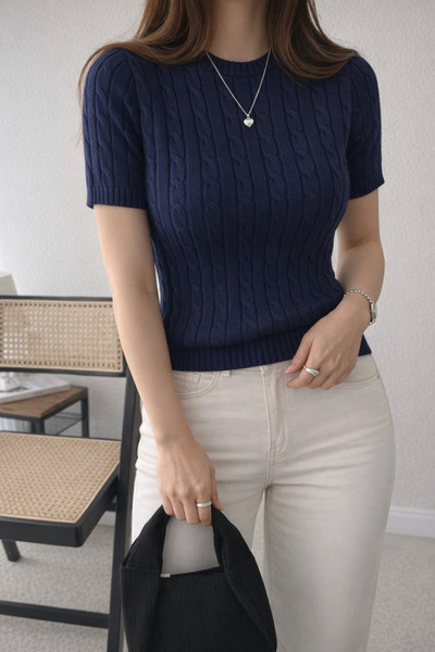 FlosTeel Tricou subțire de vară, tricotat, cu model, albastru marin pentru femei