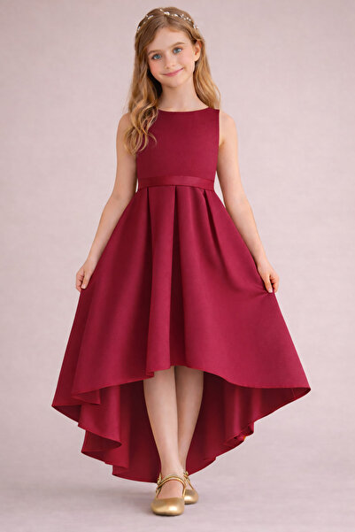 nsmkidslife Fusta asimetrică de culoare burgundă pentru fete, detaliată, simp...