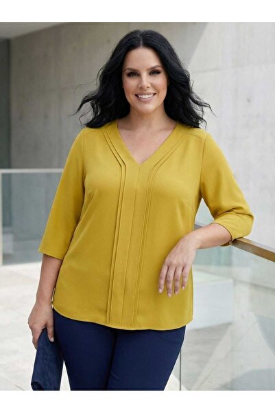 Hanezza Büyük Beden Şık V Yaka Nervur Detaylı Jessica Krep Bluz