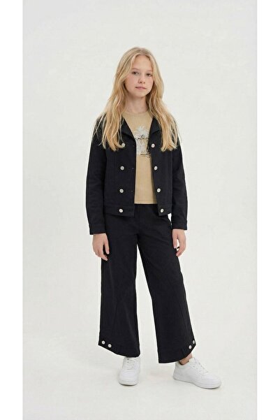 Cansın Mini Siyah Çift Düğme Detay Gömlekli Pantolonlu Kız Çocuk Gabardin Tak...