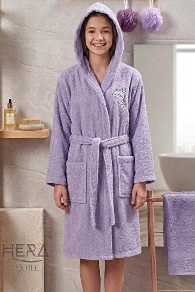 HERA Çocuk Bornozu Pamuklu Kapüşonlu Lila 13-18 Yaş Unisex-Kız-Erkek Kemerli ...