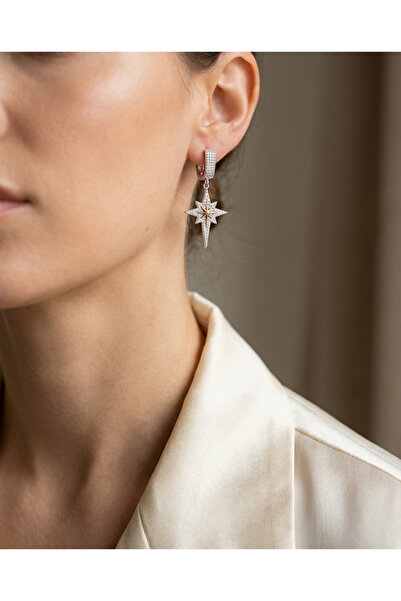 Dorvina Zirkon Taşlı Gümüş Renk Pirinç Kutup Yıldızı Model Kadın Küpe Kararma...