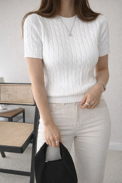 FlosTeel Kadın Beyaz Saç Örgü Desenli Triko Tişört