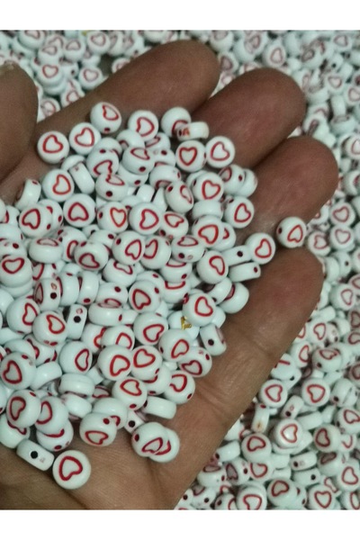 Hobimos 50 Adet Beyaz Üzeri Kırmızı Kalp Boncuk, Takı Yapım Boncuğu, 4x7mm Ya...