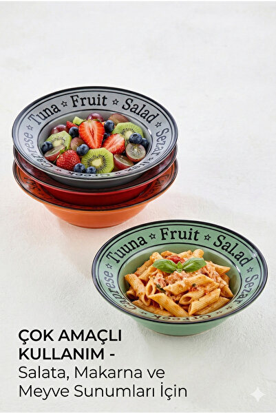 EMBazaar 4'lü Renkli Mini 20 cm Salata Tabağı/Makarna Tabağı/Çukur Tabak/Salata ve Makarna sunumluk tabak