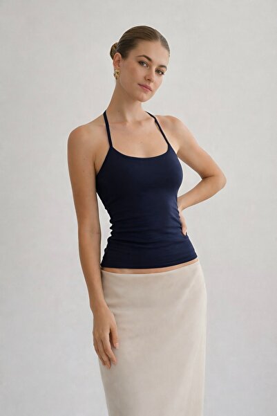 Baluxe Mornarsko plava Halter izrez Pamuk komad dekoltea Na vezivanje gornja ...